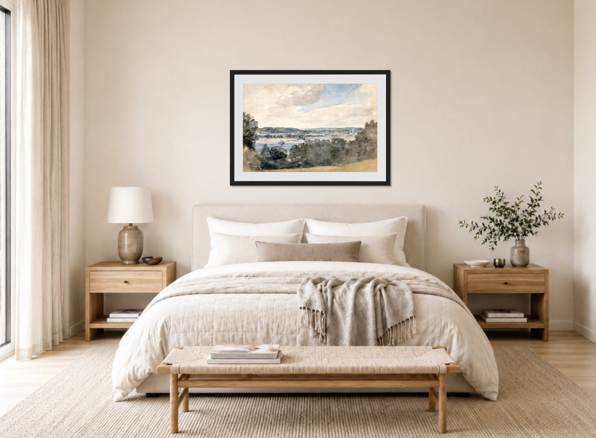 John Constable Print, Dedham Vale, Suffolk, from near East Bergholt (c displayed above a bed