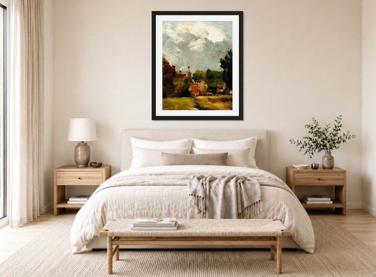 John Constable Print, East Bergholt Church (1809) displayed above a bed