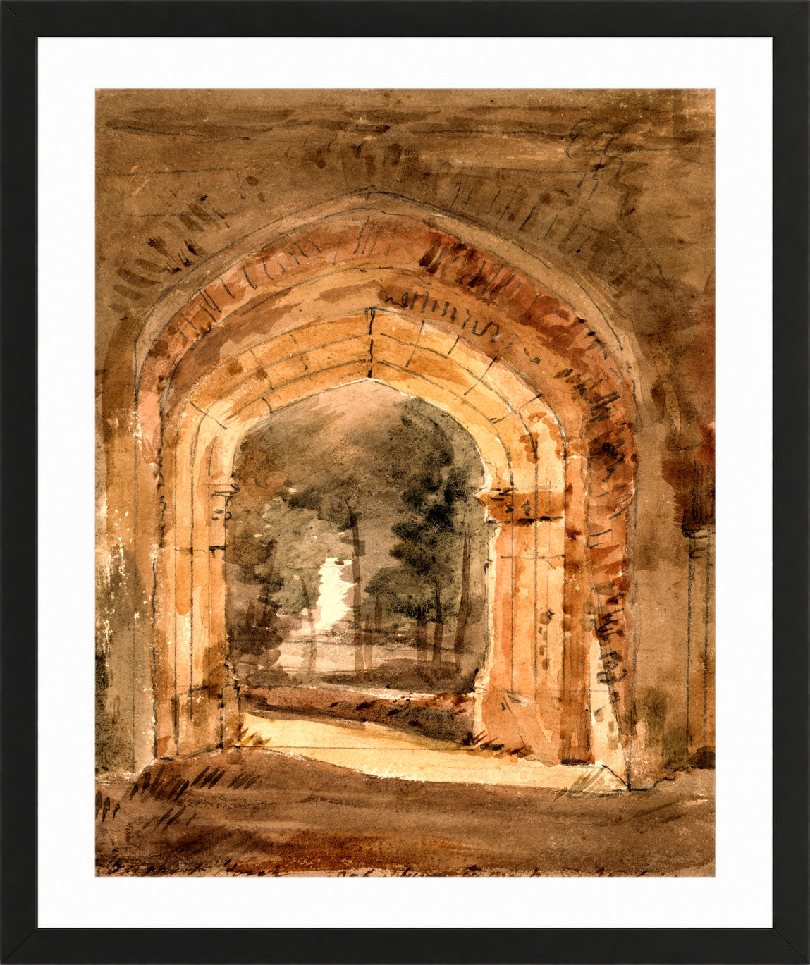 John Constable Print, East Bergholt Church, Looking Out the South Archway of the Ruined Tower (1806) in a black frame