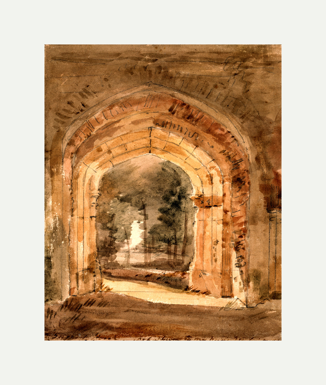 John Constable Print, East Bergholt Church, Looking Out the South Archway of the Ruined Tower (1806) with an off-white border for rolled canvas
