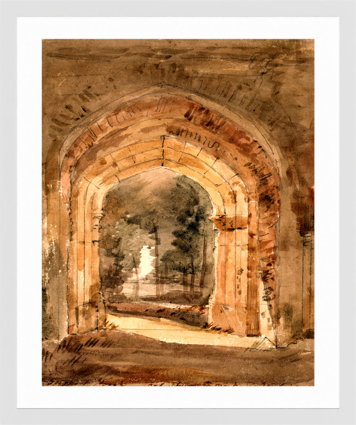 John Constable Print, East Bergholt Church, Looking Out the South Archway of the Ruined Tower (1806) in a white frame