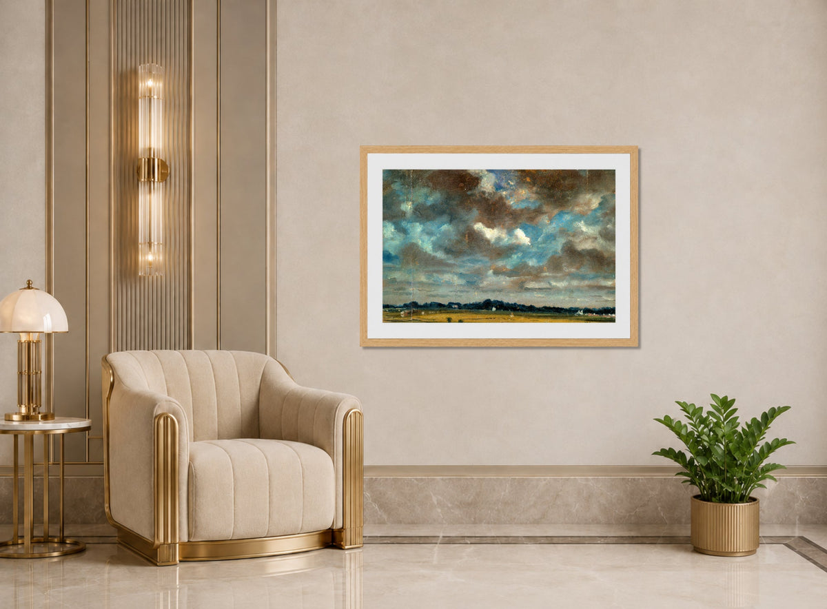 John Constable Print, Extensive Landscape with Grey Clouds (ca displayed in an Art Deco interior