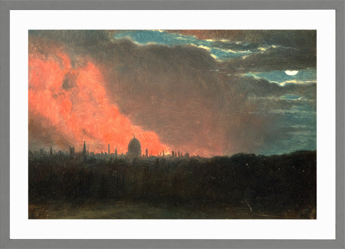 John Constable Print, Fire in London, Seen from Hampstead in a light grey frame