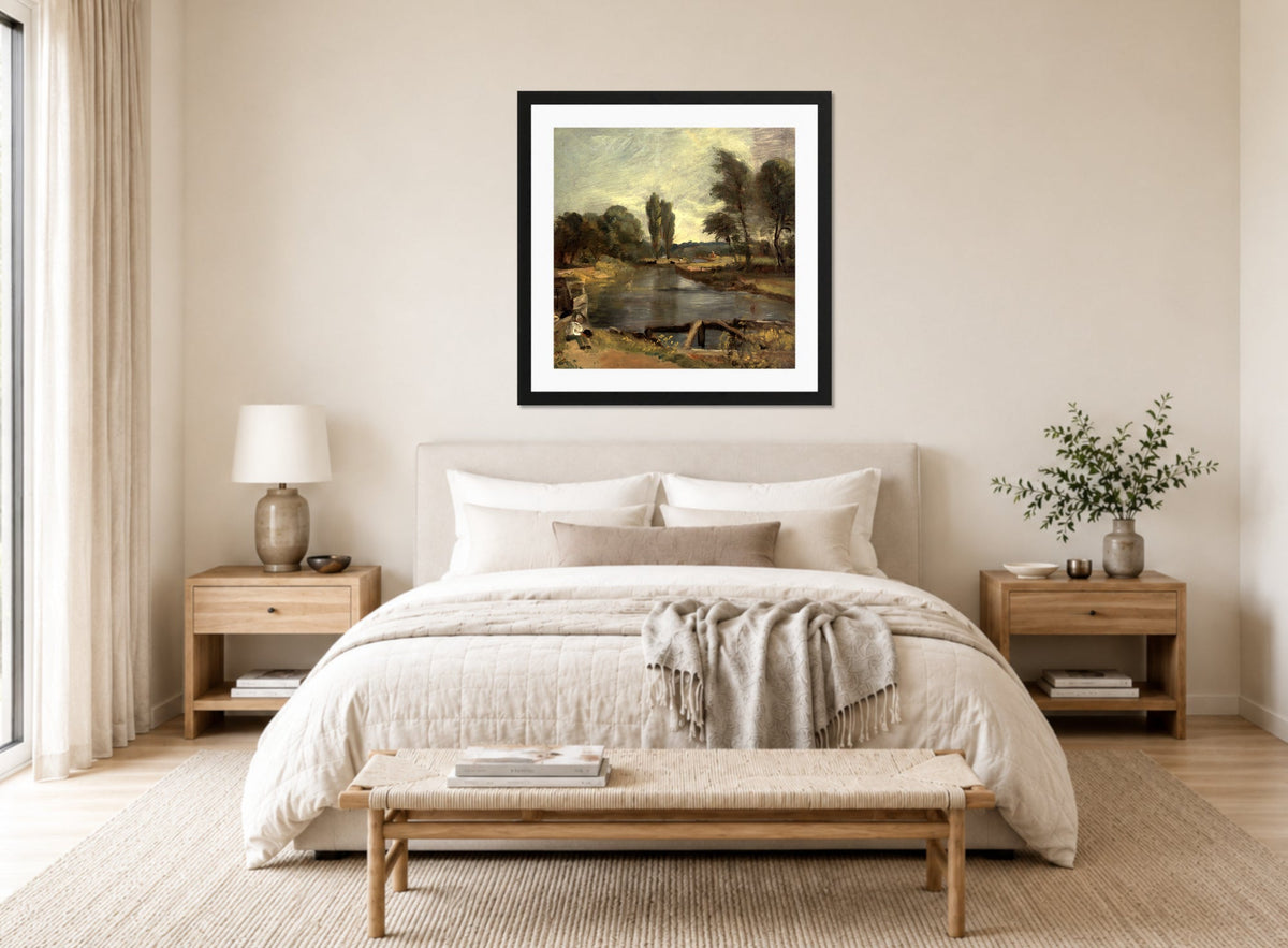 John Constable Print, Flatford Lock (1810-1811) displayed above a bed