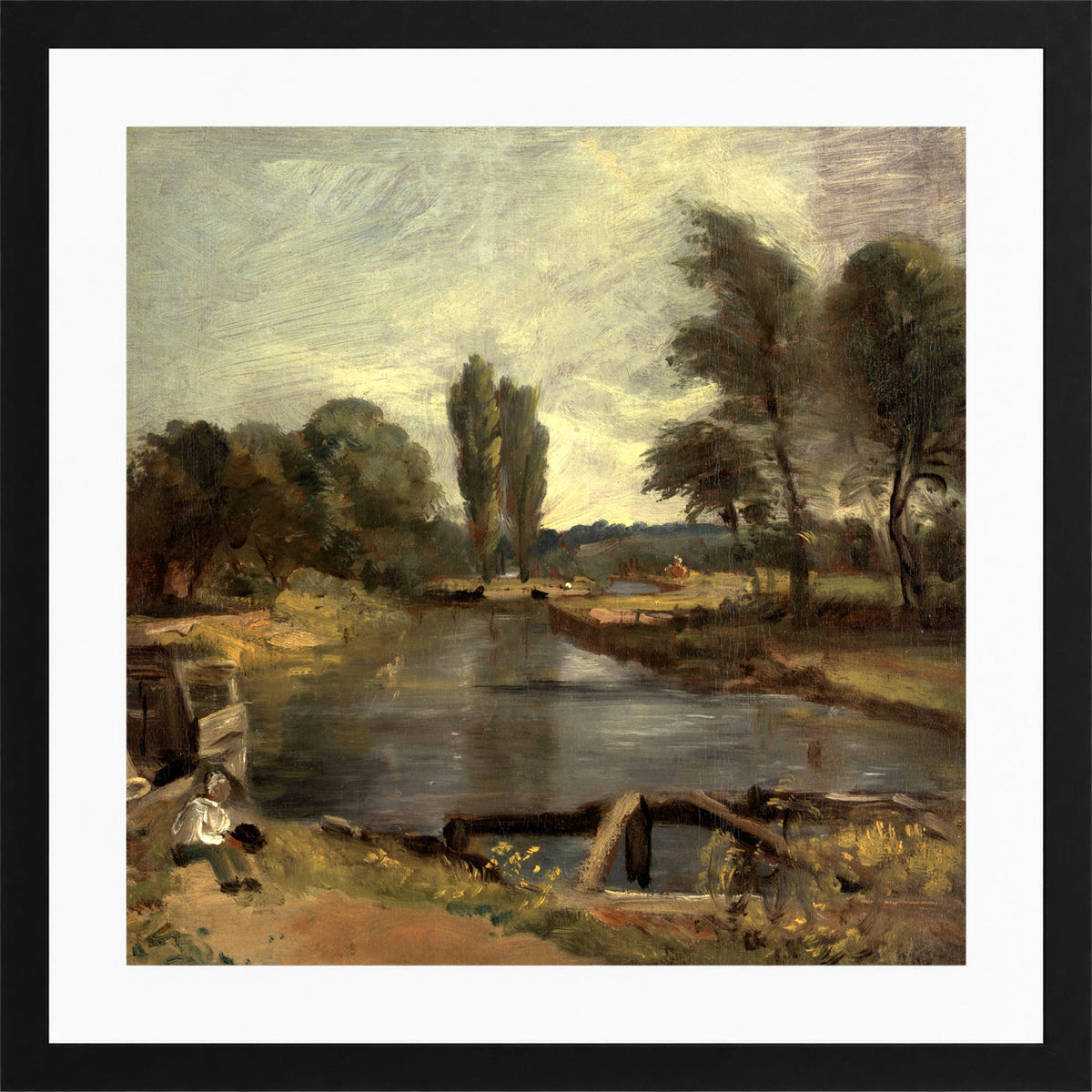 John Constable Print, Flatford Lock (1810-1811) in a black frame
