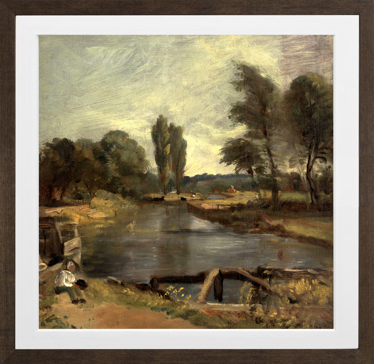 John Constable Print, Flatford Lock (1810-1811) in a brown frame