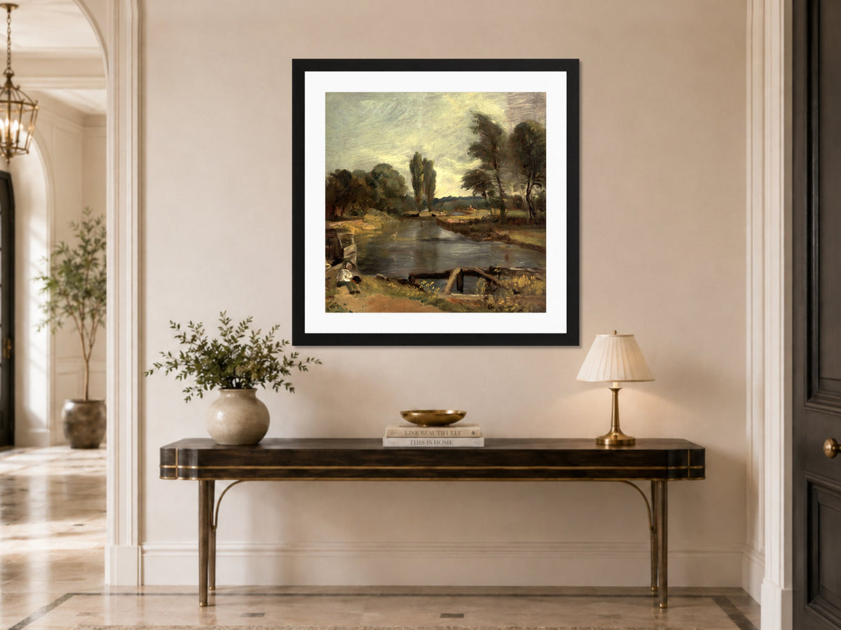 John Constable Print, Flatford Lock (1810-1811) displayed above a console table