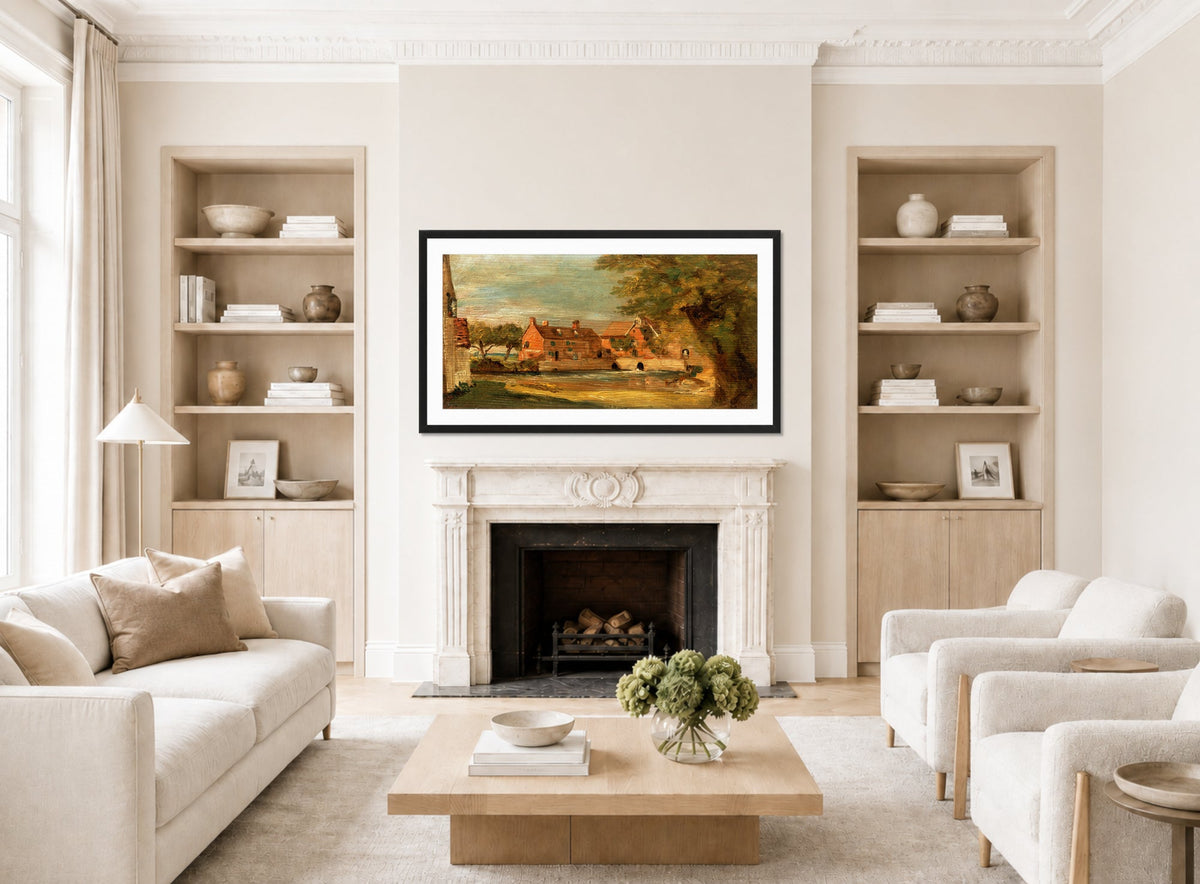 John Constable Print, Flatford Mill (1810-1811) displayed in a Scandinavian living room
