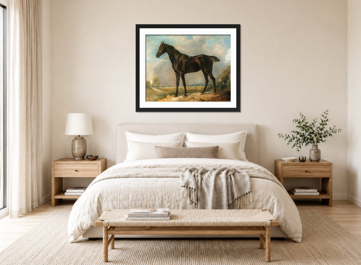 John Constable Print, Golding Constable’s Black Riding-Horse displayed above a bed
