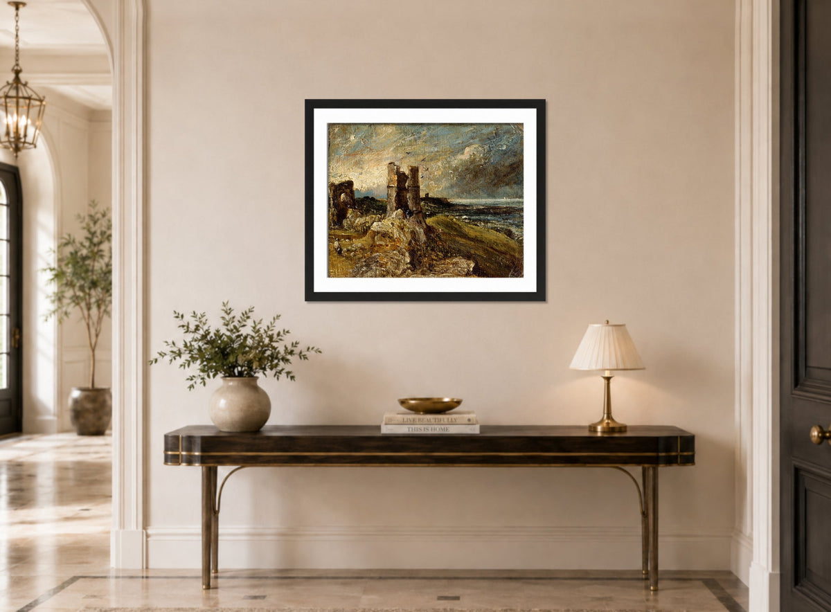 John Constable Print, Hadleigh Castle (1828-1829) displayed above a console table