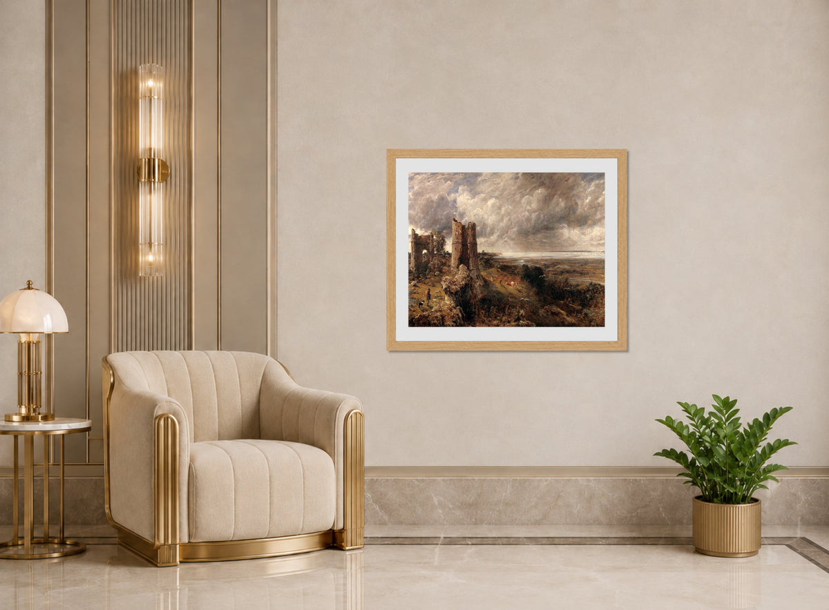 John Constable Print, Hadleigh Castle, The Mouth of the Thames–Morning after a Stormy Night (1829) displayed in an Art Deco interior