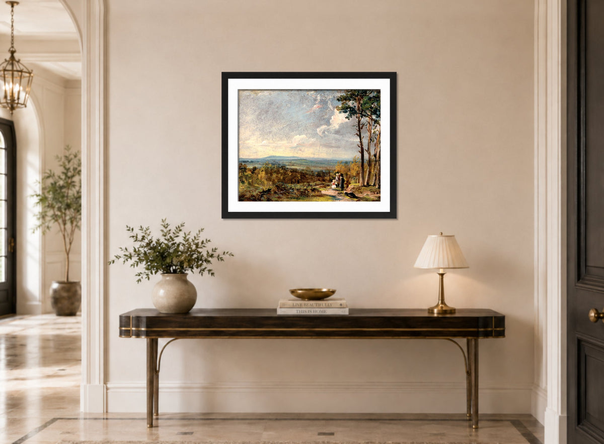 John Constable Print, Hampstead Heath Looking Towards Harrow (1821) displayed above a console table