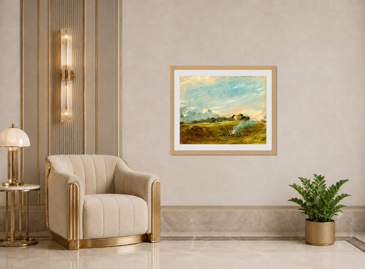 John Constable Print, Hampstead Heath, with a Bonfire (ca displayed in an Art Deco interior