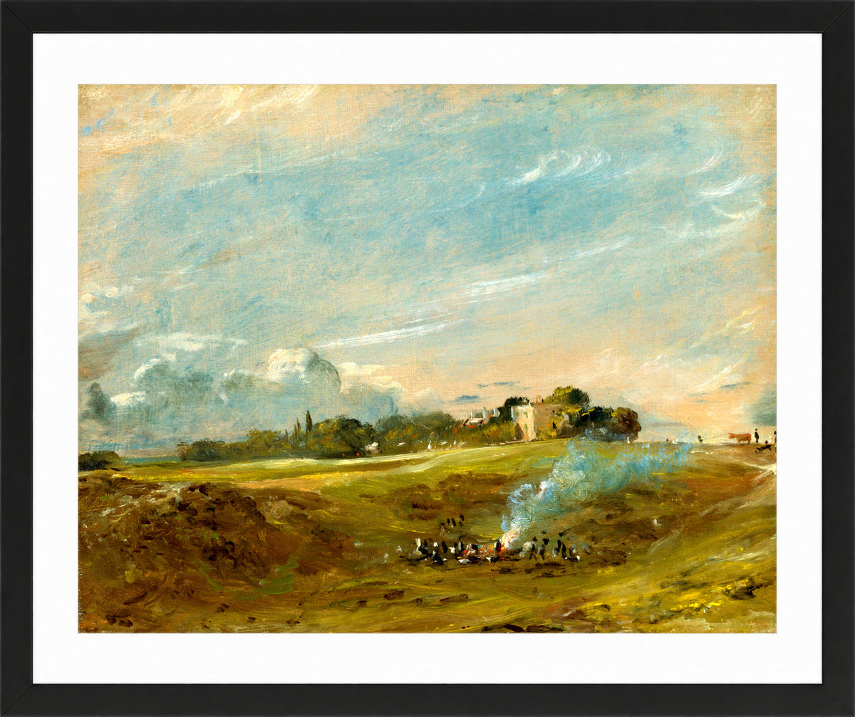 John Constable Print, Hampstead Heath, with a Bonfire (ca in a black frame