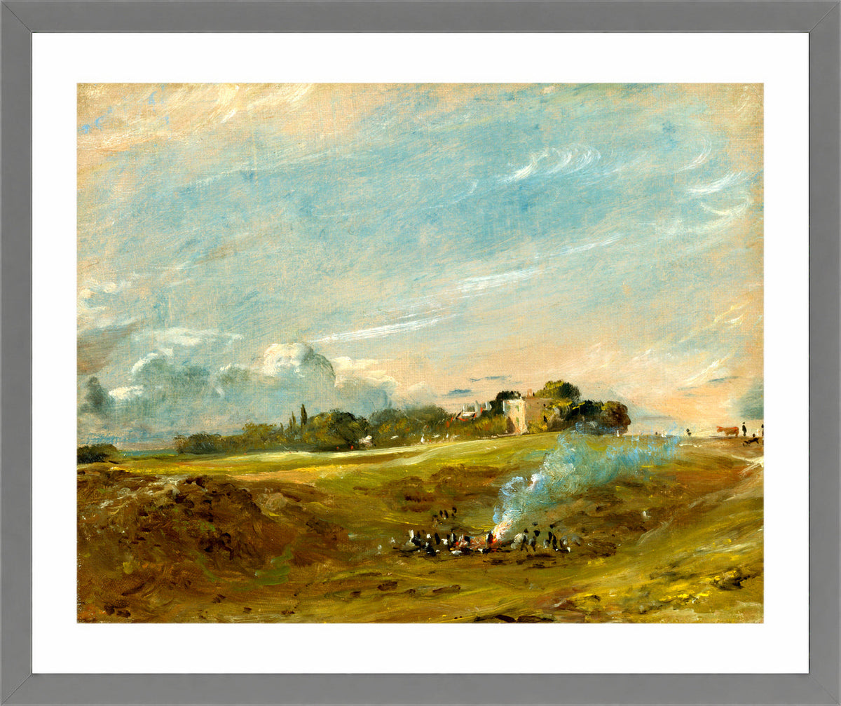 John Constable Print, Hampstead Heath, with a Bonfire (ca in a light grey frame