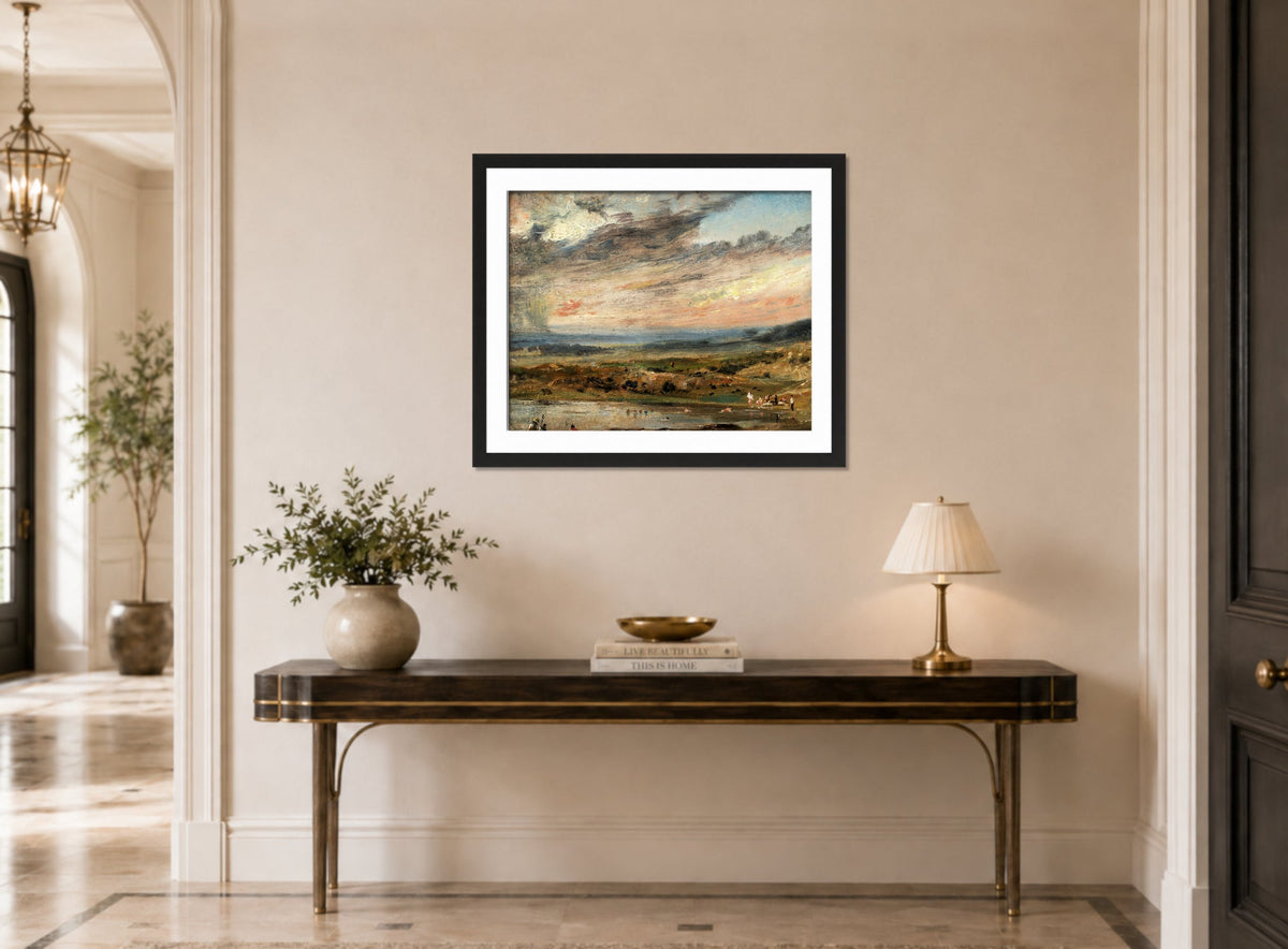 John Constable Print, Hampstead Heath, with Pond and Bathers (1821) displayed above a console table