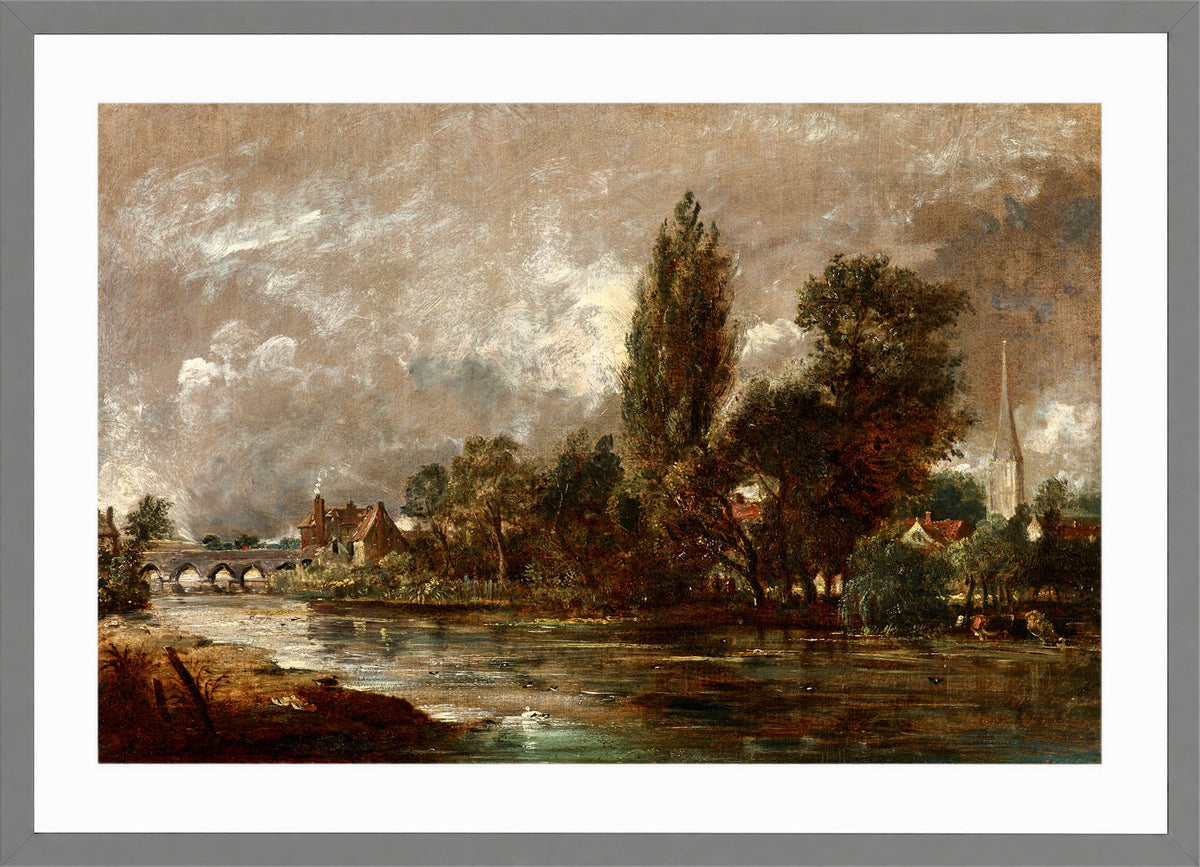 John Constable Print, Harnham Bridge, Salisbury (1821) in a light grey frame