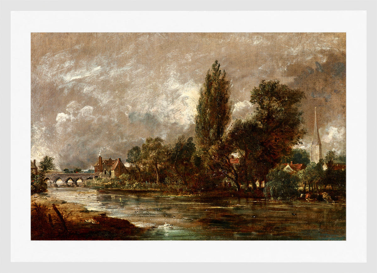 John Constable Print, Harnham Bridge, Salisbury (1821) in a white frame