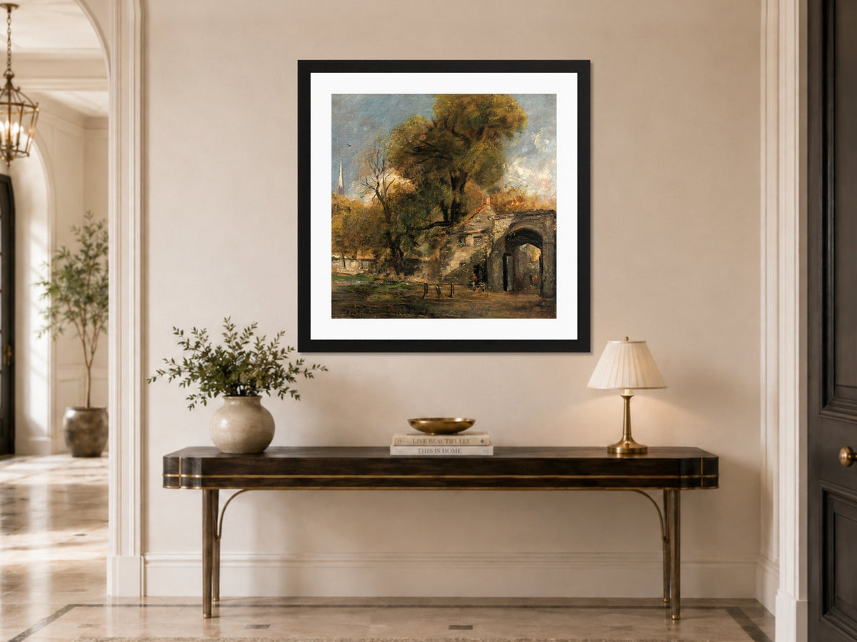 John Constable Print, Harnham Gate, Salisbury (1820 to 1821) displayed above a console table