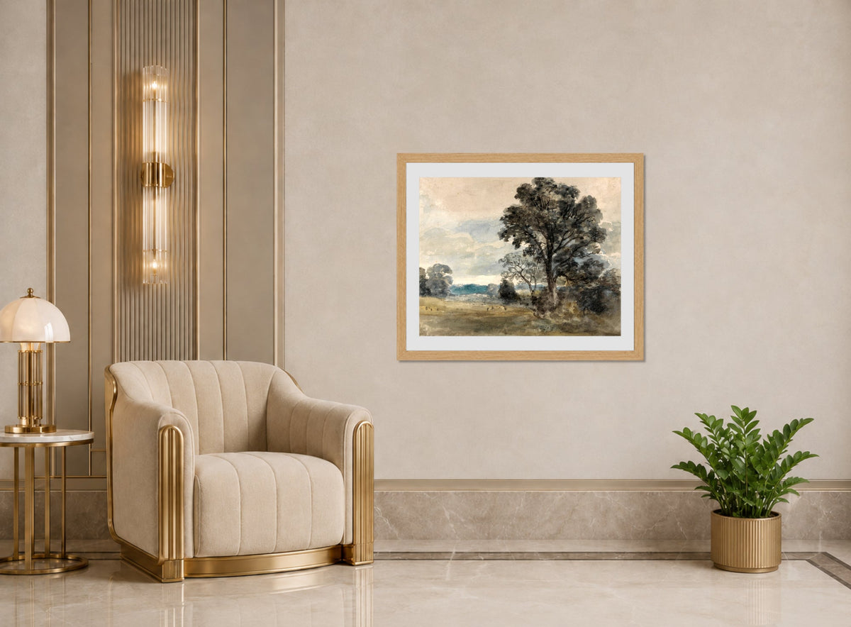 John Constable Print, Landscape at East Bergholt displayed in an Art Deco interior