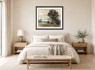 John Constable Print, Landscape at East Bergholt displayed above a bed