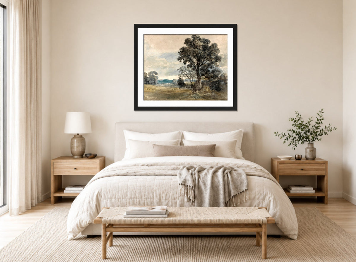 John Constable Print, Landscape at East Bergholt displayed above a bed