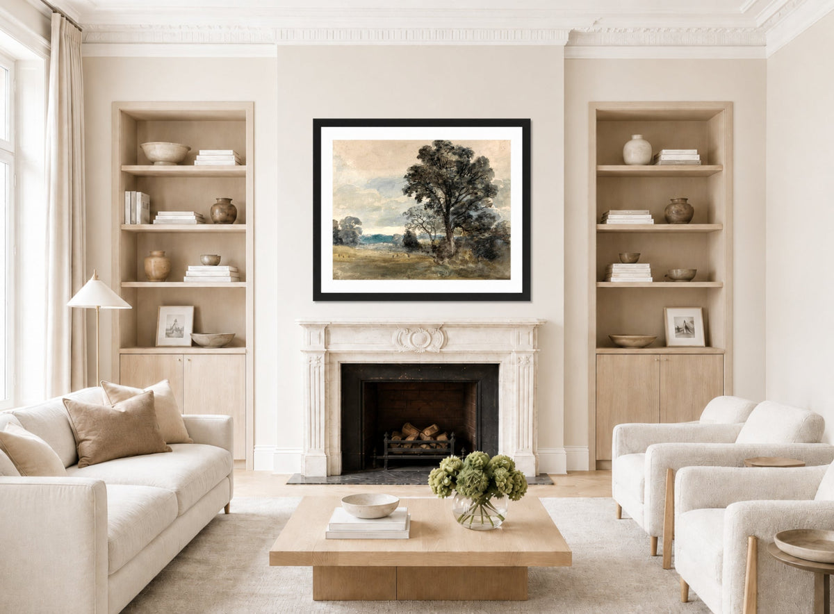 John Constable Print, Landscape at East Bergholt displayed in a Scandinavian living room