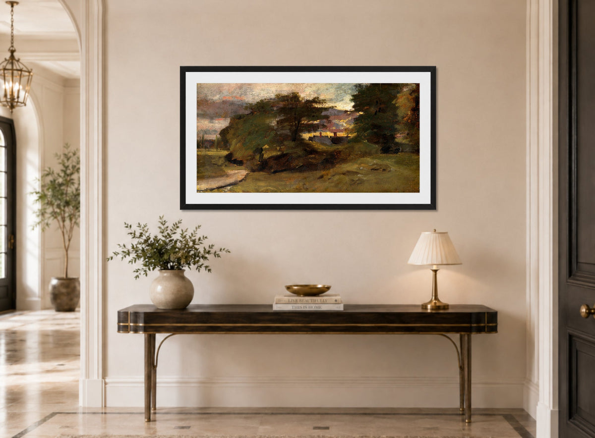 John Constable Print, Landscape with Cottages (1809-10) displayed above a console table