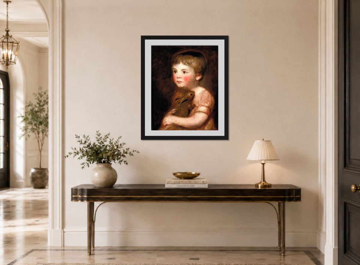 John Constable Print, Miss Lewis with a rabbit displayed above a console table