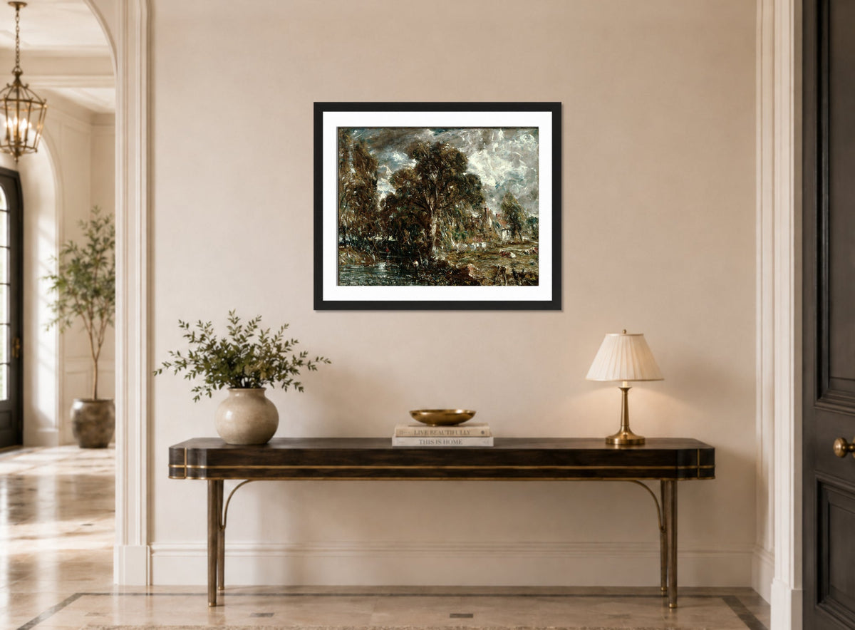 John Constable Print, On the River Stour displayed above a console table