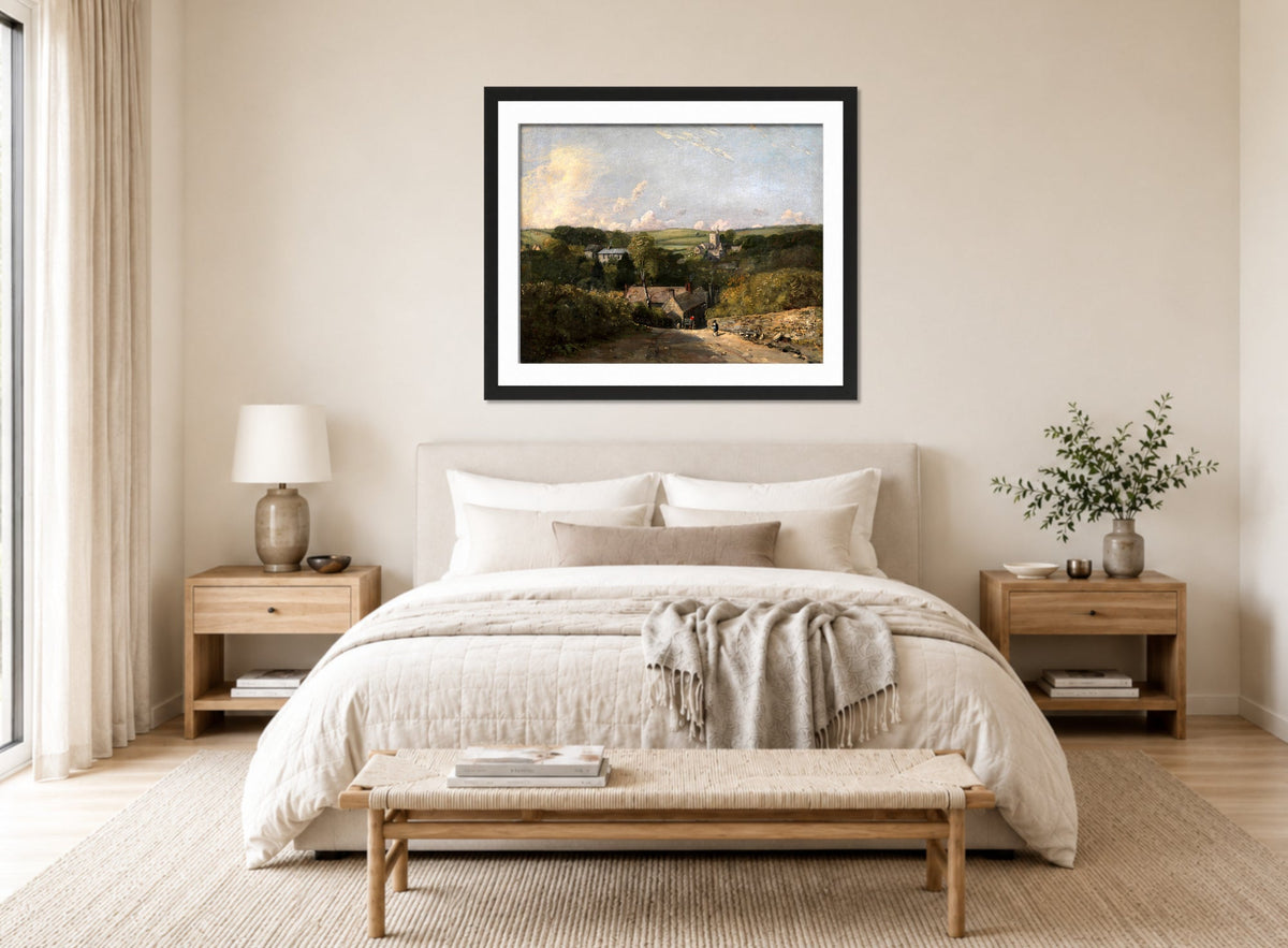 John Constable Print, Osmington Village (1816-1817) displayed above a bed