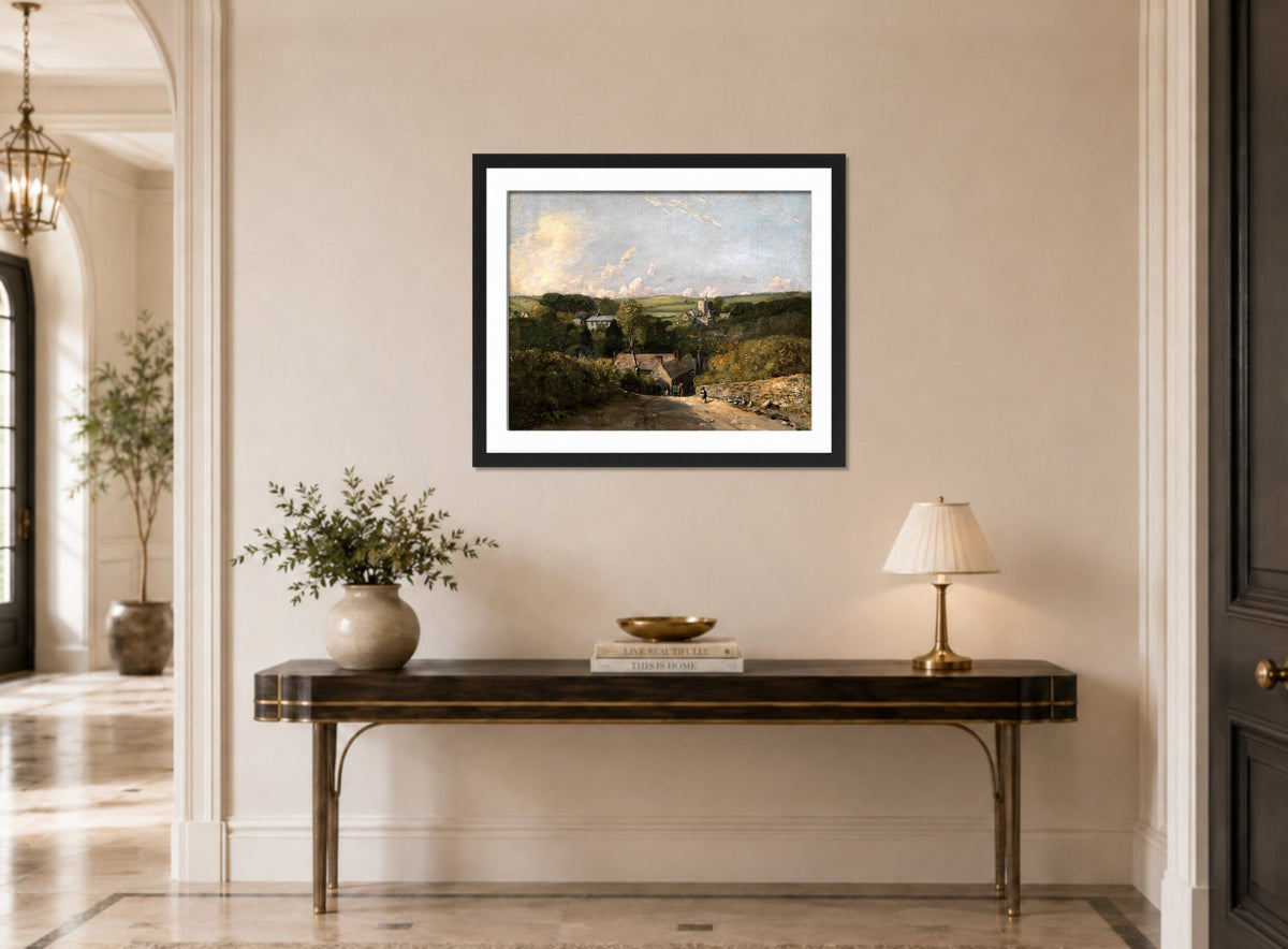 John Constable Print, Osmington Village (1816-1817) displayed above a console table