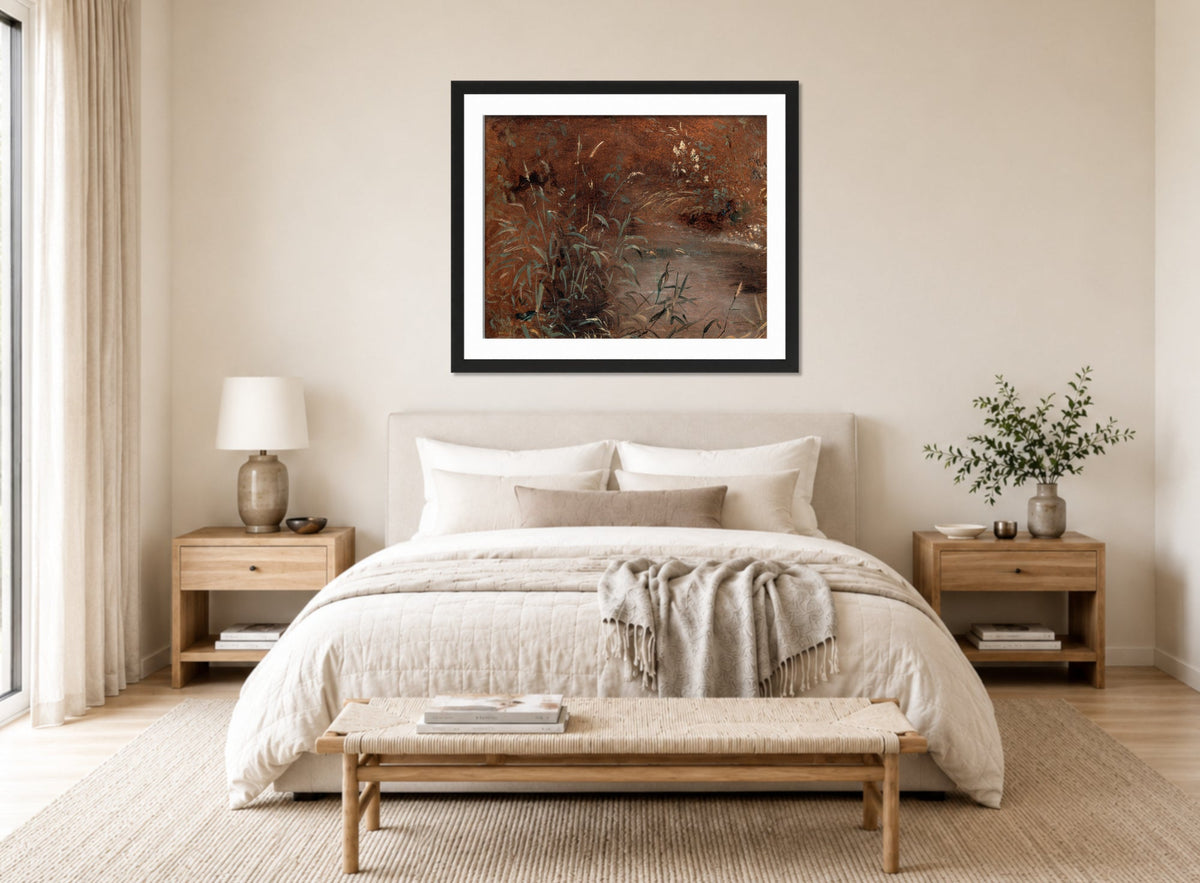 John Constable Print, Rushes by a pool (ca displayed above a bed