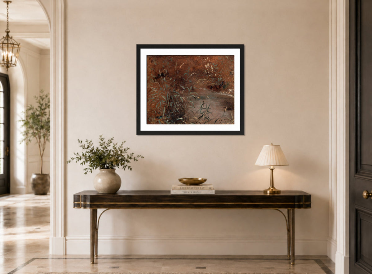 John Constable Print, Rushes by a pool (ca displayed above a console table