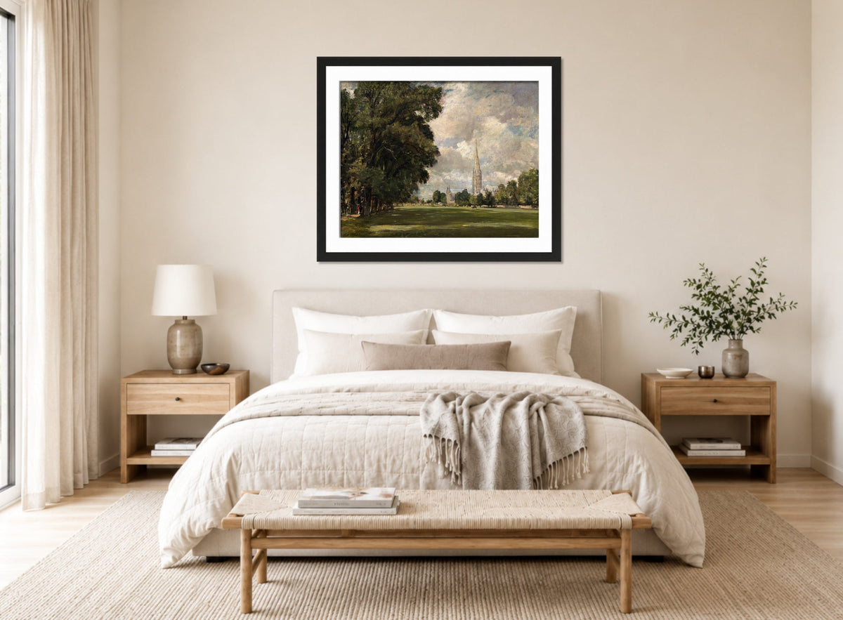 John Constable Print, Salisbury Cathedral from Lower Marsh Close (1820) displayed above a bed