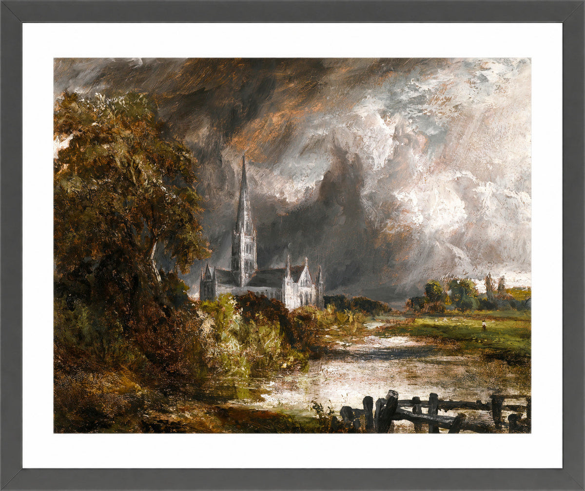 John Constable Print, Salisbury Cathedral From The Meadows in a dark grey frame