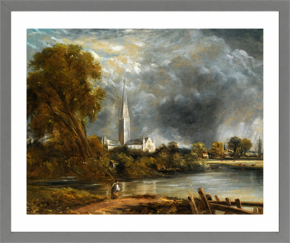 John Constable Print, Salisbury Cathedral From The Meadows in a light grey frame