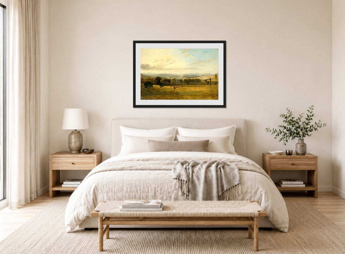 John Constable Print, Sketch of Leighton Hall, Lancashire, the hills of the Lake District beyond displayed above a bed