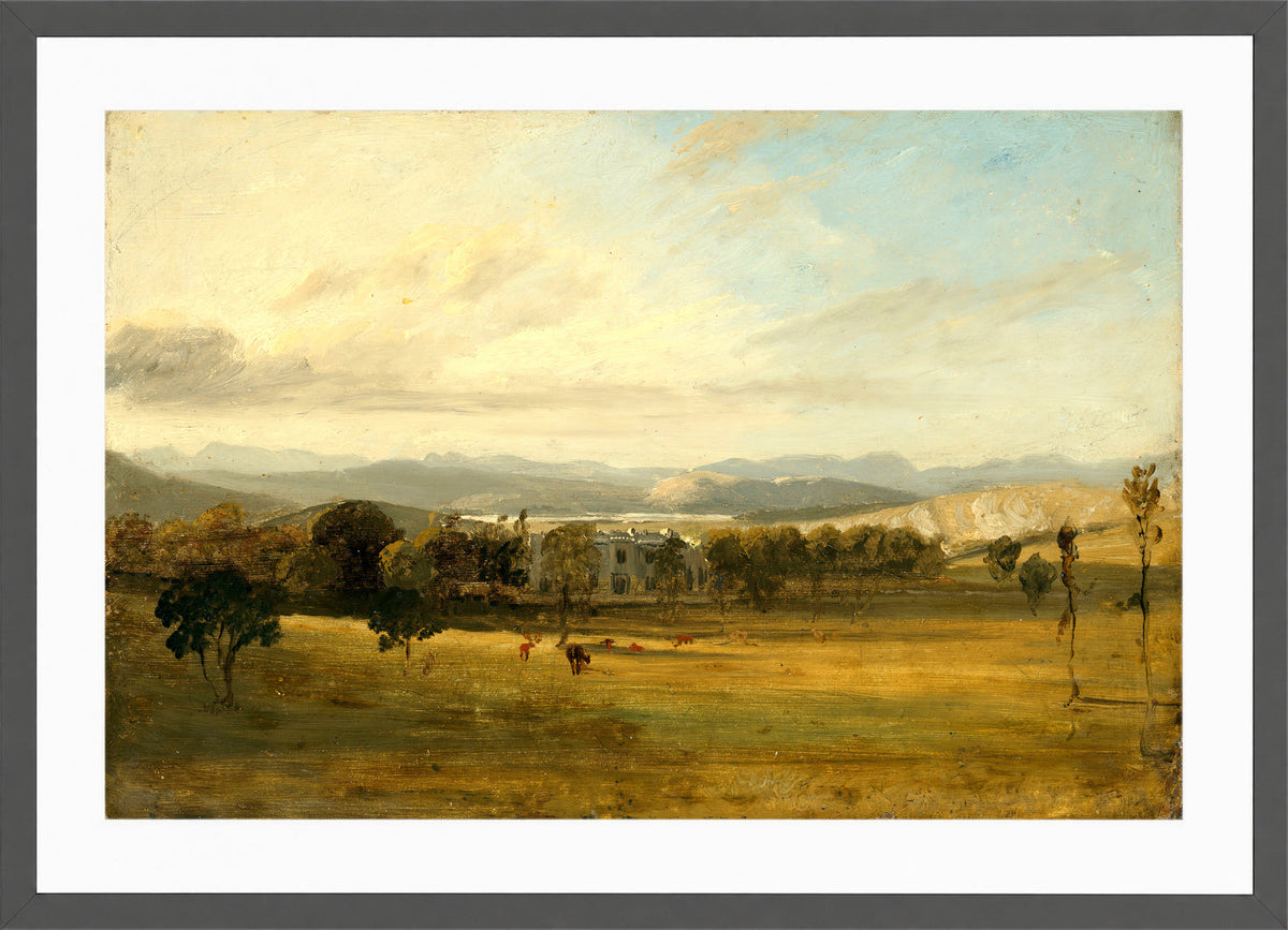 John Constable Print, Sketch of Leighton Hall, Lancashire, the hills of the Lake District beyond in a dark grey frame