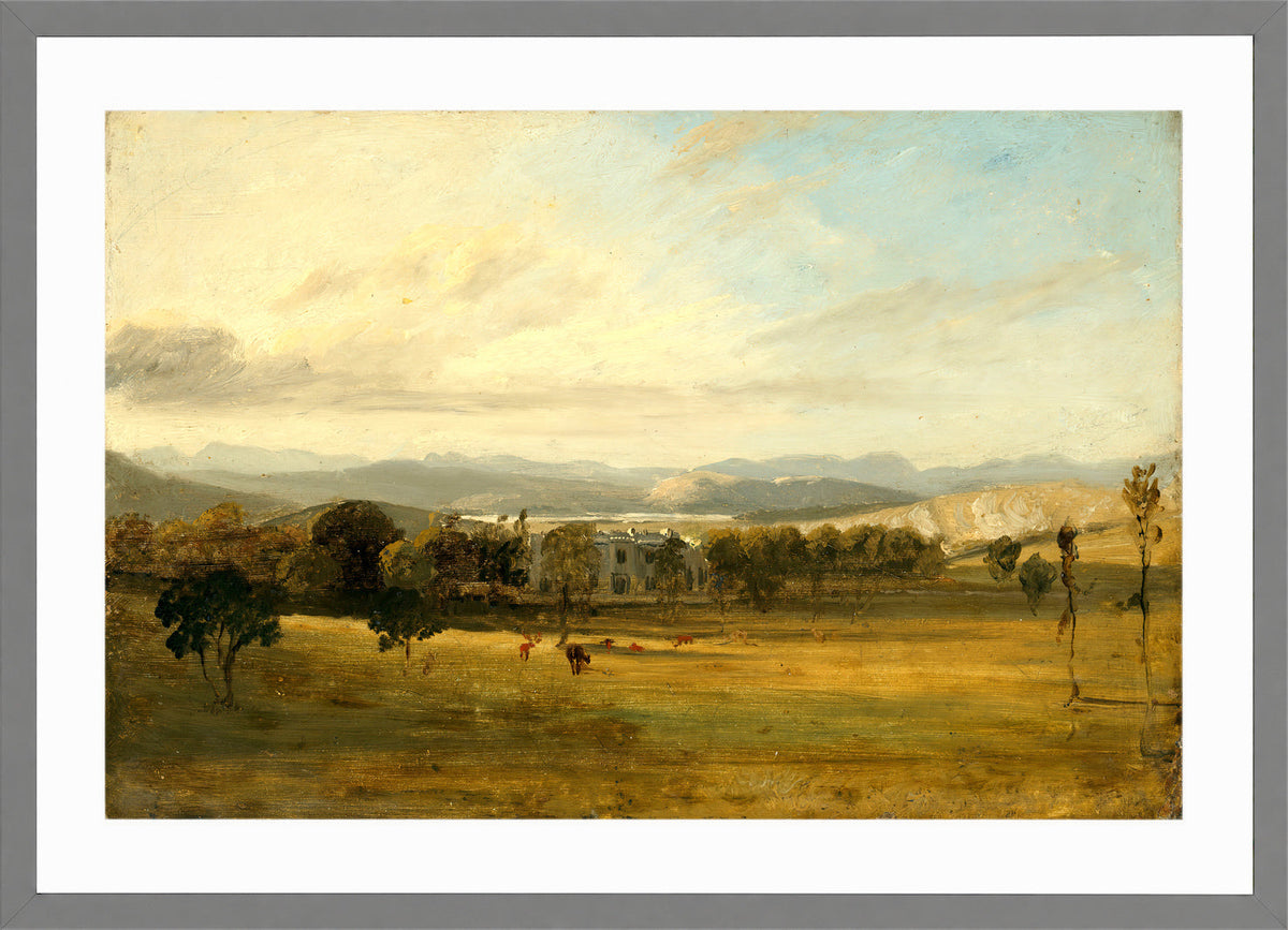 John Constable Print, Sketch of Leighton Hall, Lancashire, the hills of the Lake District beyond in a light grey frame
