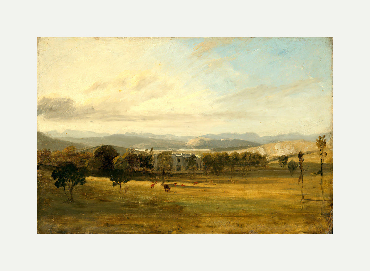 John Constable Print, Sketch of Leighton Hall, Lancashire, the hills of the Lake District beyond with an off-white border for rolled canvas