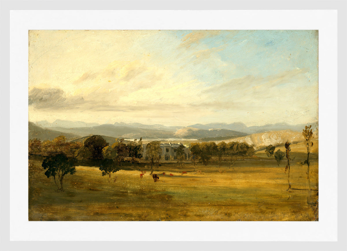 John Constable Print, Sketch of Leighton Hall, Lancashire, the hills of the Lake District beyond in a white frame