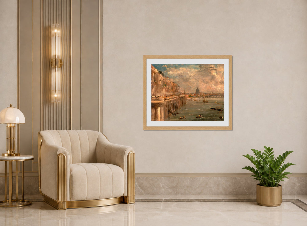 John Constable Print, Somerset House Terrace from Waterloo Bridge (ca displayed in an Art Deco interior