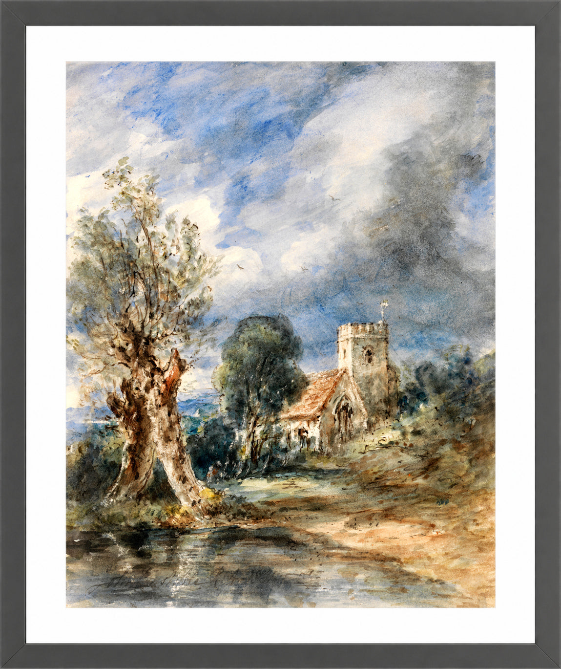 John Constable Print, Stoke Poges Church (1834) in a dark grey frame