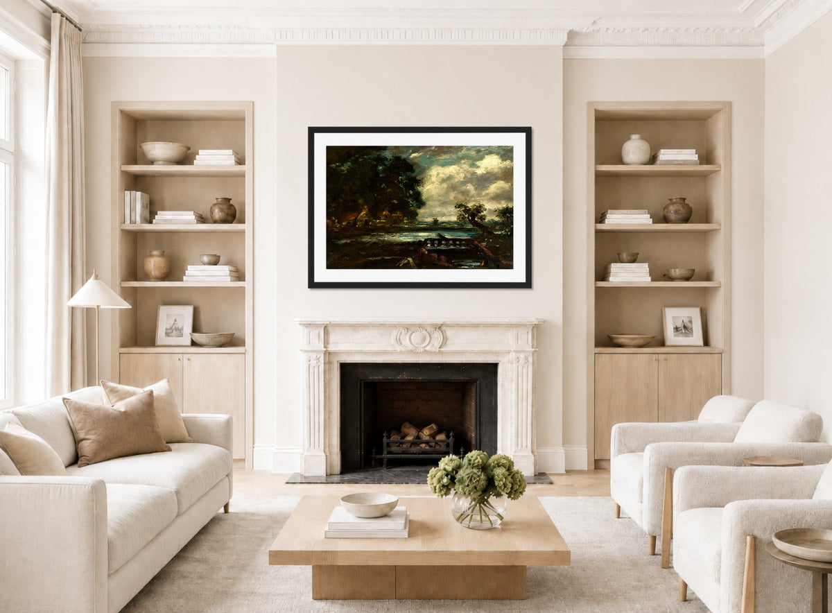 John Constable Print, Study for ‘The Leaping Horse’ displayed in a Scandinavian living room