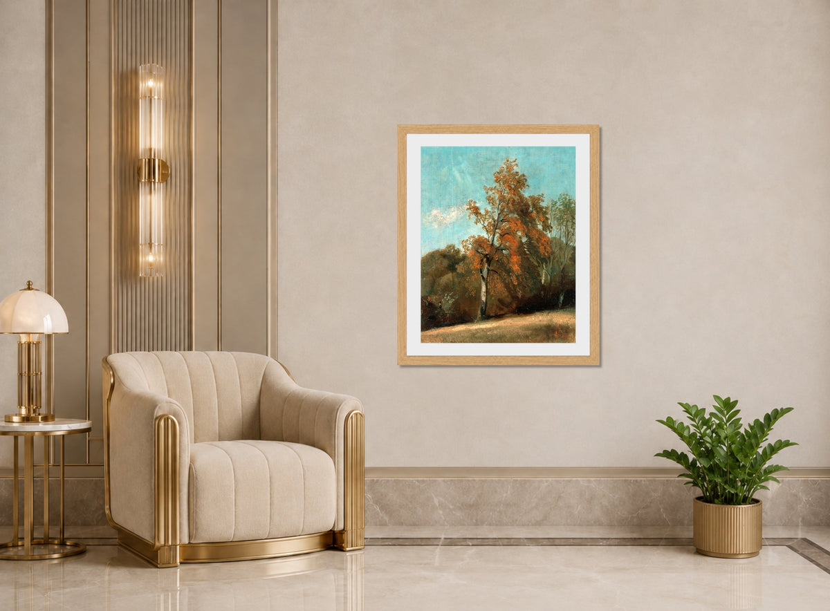 John Constable Print, Study of an Ash Tree (1801-1803) displayed in an Art Deco interior