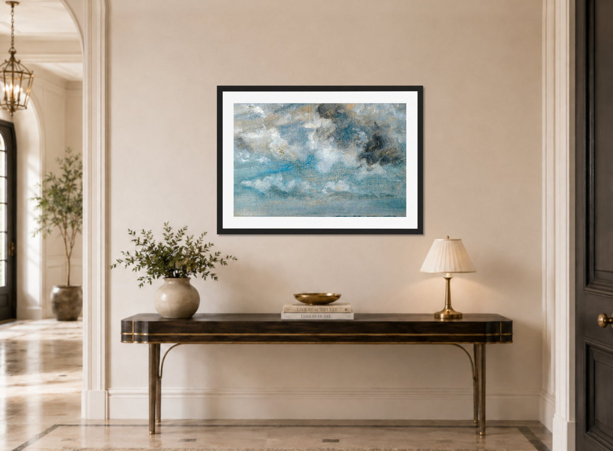 John Constable Print, Study Of Clouds displayed above a console table