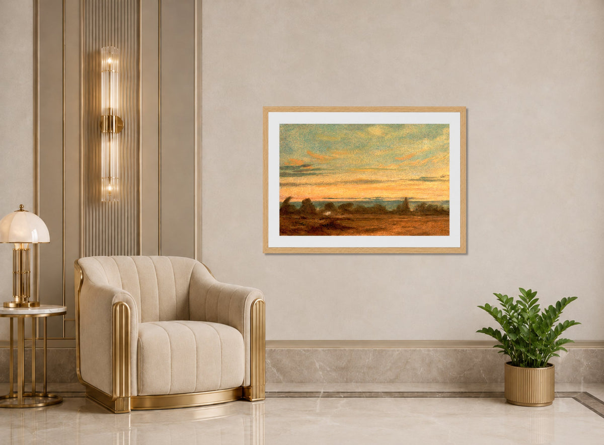 John Constable Print, Summer, Evening Landscape displayed in an Art Deco interior