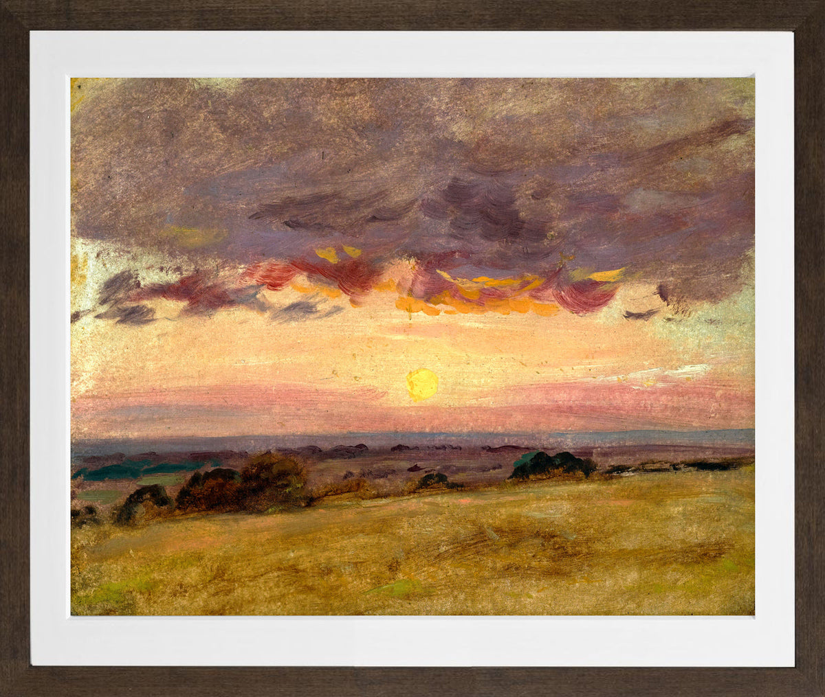 John Constable Print, Summer Evening With Storm Clouds in a brown frame