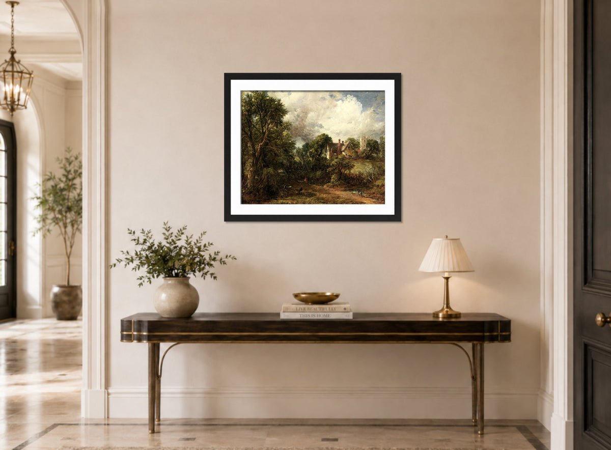 John Constable Print, The Glebe Farm (1827) displayed above a console table
